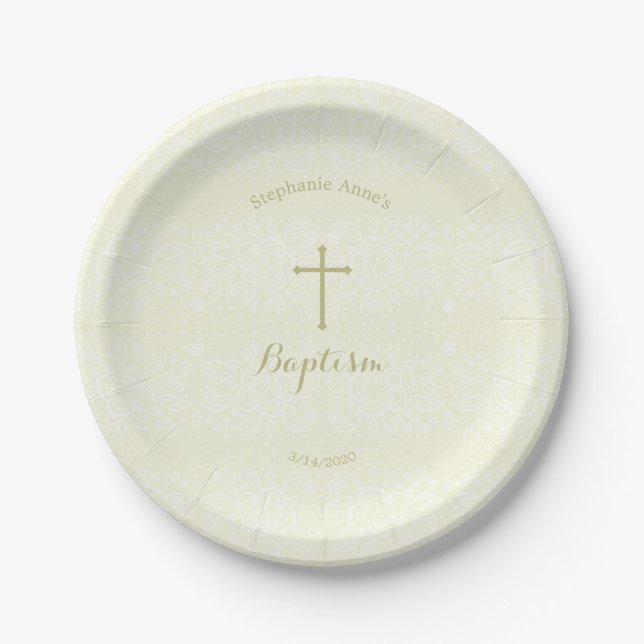 Baptism Sage Delicate Floral Lace Paper Plate (Front)