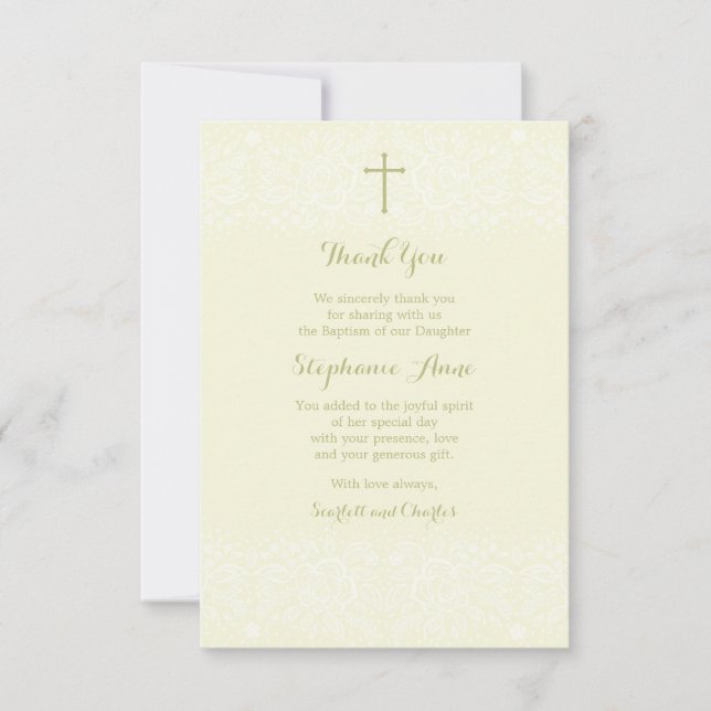 Baptism Sage Delicate Floral Lace Thank You Card (Front)