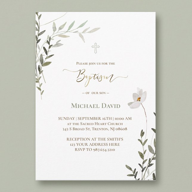 Baptism sage green watercolor foliage  invitation (Creator Uploaded)
