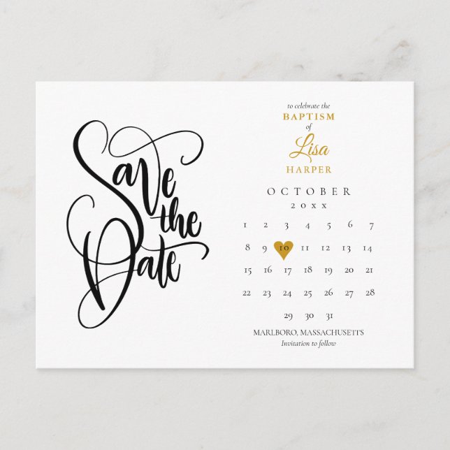 Baptism Save the Date Calendar Gold Heart Announcement Postcard (Front)