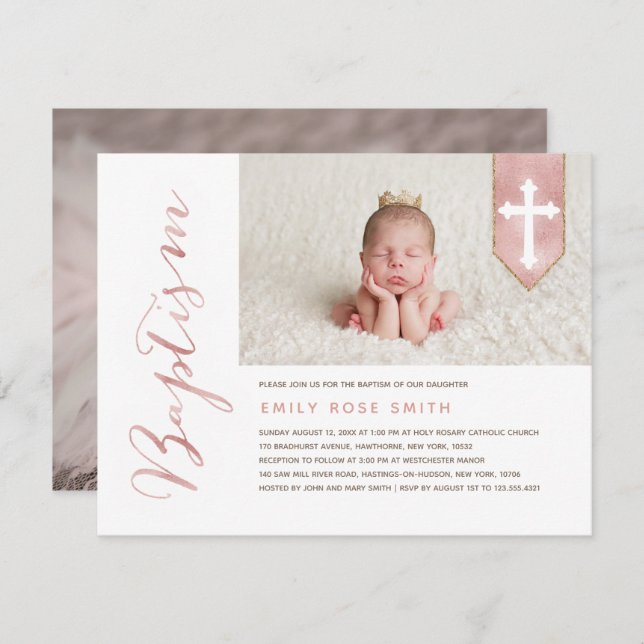 Baptism Script Shiny Blush Photo Invitation (Front/Back)