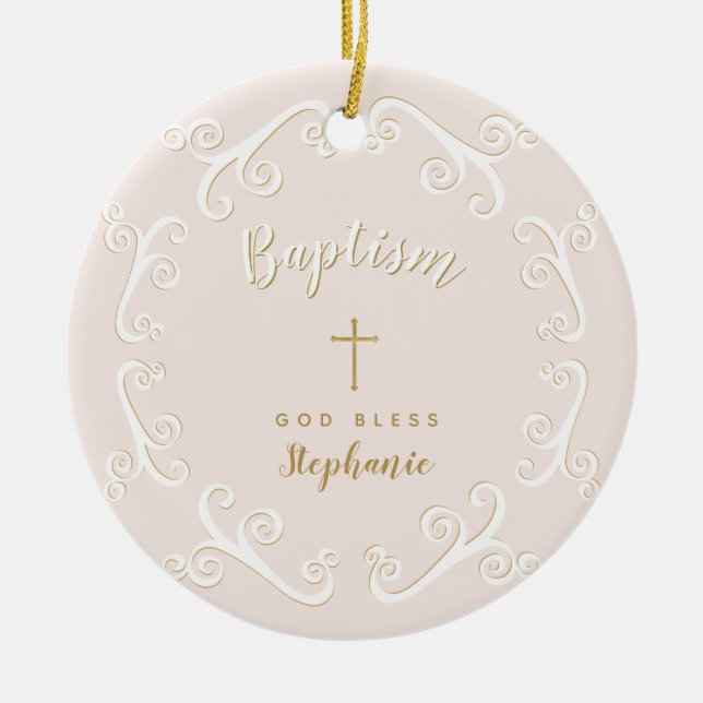 Baptism Scrolls in Pink and Gold Ceramic Tree Decoration (Front)