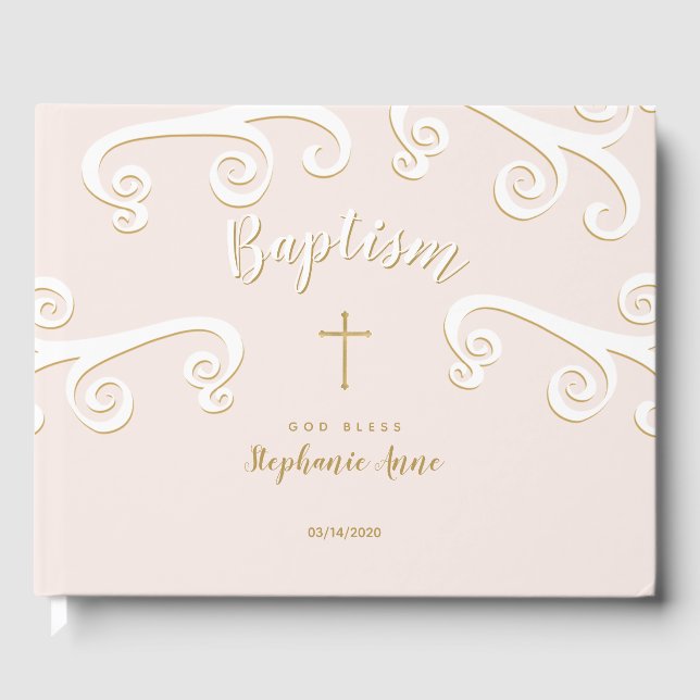 Baptism Scrolls in Pink and Gold Guest Book (Front)