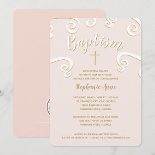 Baptism Scrolls in Pink and Gold Invitation