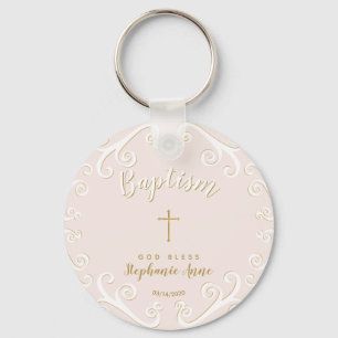 Baptism Scrolls in Pink and Gold Key Ring