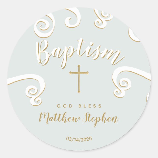 Baptism Scrolls in Powder Blue and Gold Classic Round Sticker (Front)