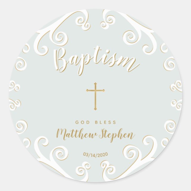 Baptism Scrolls in Powder Blue and Gold Classic Round Sticker (Front)