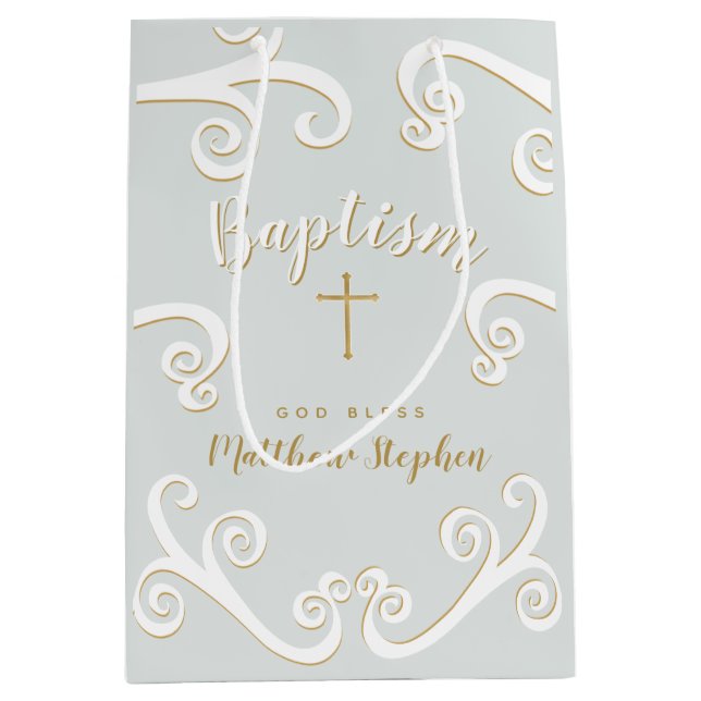 Baptism Scrolls in Powder Blue and Gold Medium Gift Bag (Front)
