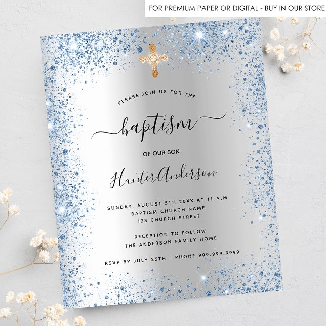 Baptism silver blue boy glitter budget invitation flyer (Creator Uploaded)