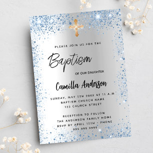 Baptism silver blue boy glitter cross invitation