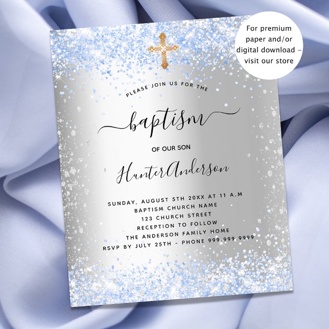 Baptism silver blue glitter boy budget invitation flyer (Creator Uploaded)