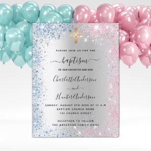 Baptism silver blue pink twins boy girl invitation postcard