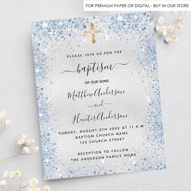 Baptism silver blue twin boys budget invitation flyer (Creator Uploaded)