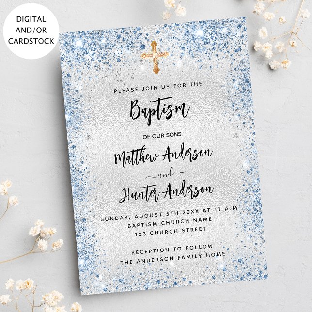 Baptism silver blue twin boys  invitation (Creator Uploaded)