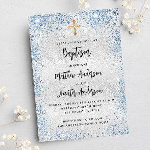 Baptism silver blue twin boys invitation postcard