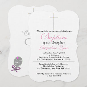 Baptism Silver Cross Daughter Pink Baby Rattle Invitation