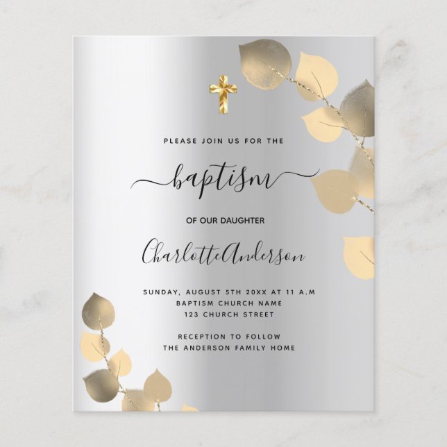 Baptism silver eucalyptus gold budget invitation flyer (Front)