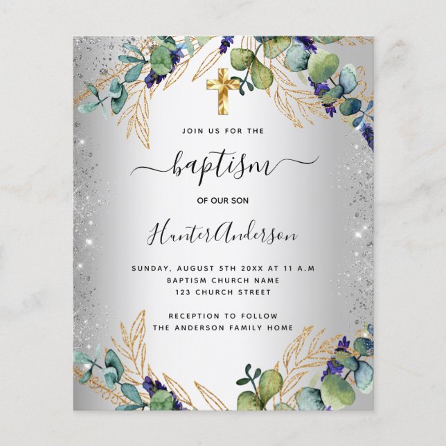 Baptism silver eucalyptus greenery invitation flyer (Front)