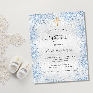 Baptism silver glitter blue boy budget invitation flyer