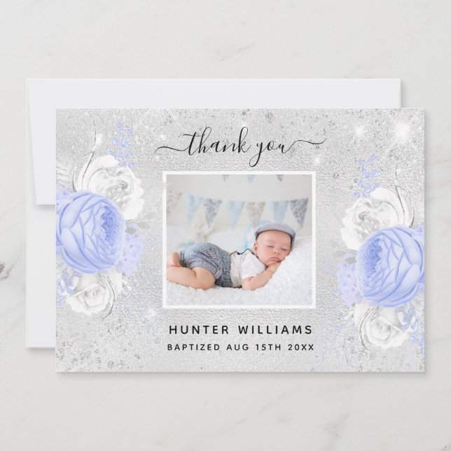 Baptism silver glitter blue florals photo boy thank you card (Back)