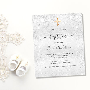 Baptism silver glitter boy girl budget invitation  flyer