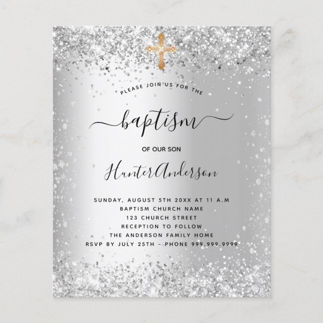 Baptism silver glitter gold baptism invitation flyer (Front)
