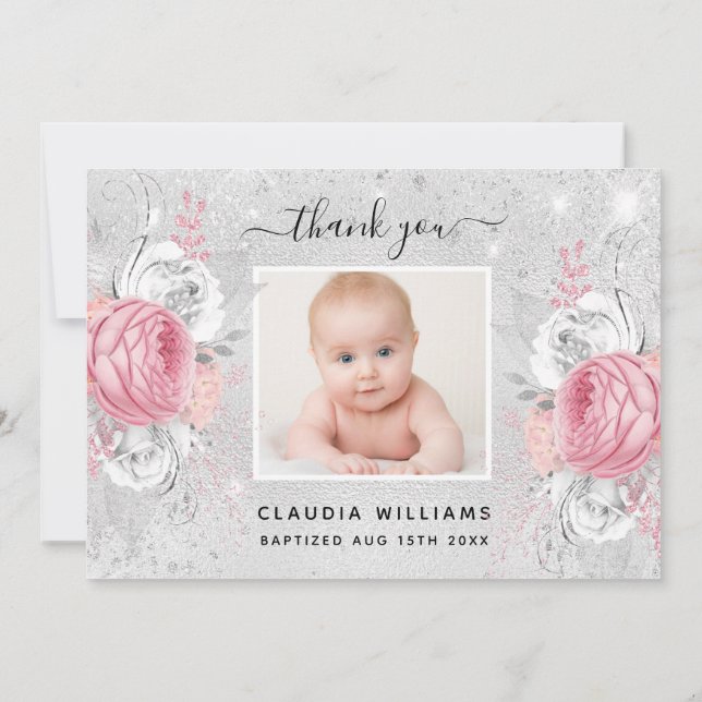 Baptism silver glitter pink florals photo girl thank you card (Back)