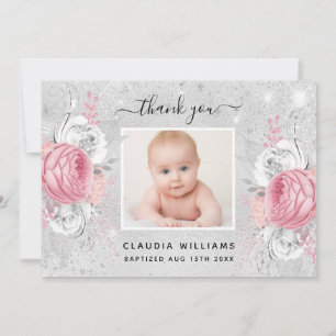 Baptism silver glitter pink florals photo girl thank you card