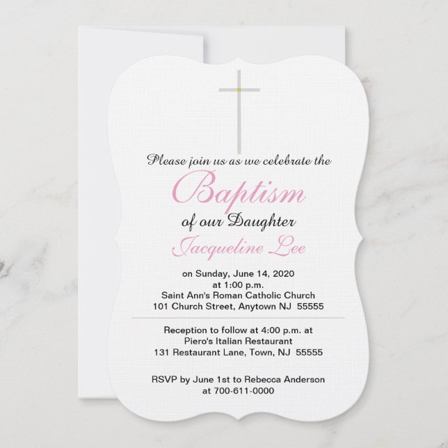 Baptism Silver Gold Cross Daughter Pink Invitation (Front)