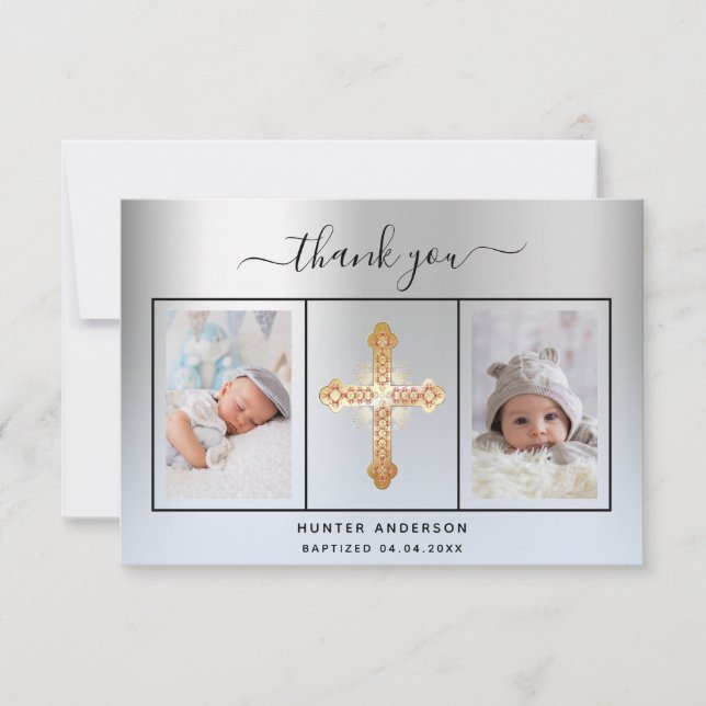 Baptism silver light blue baby boy photo script thank you card (Front)