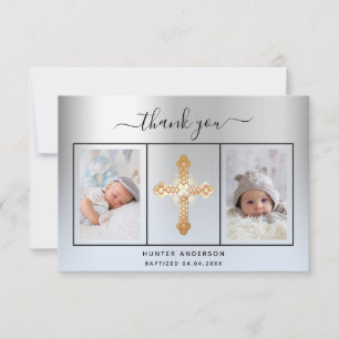 Baptism silver light blue baby boy photo script thank you card