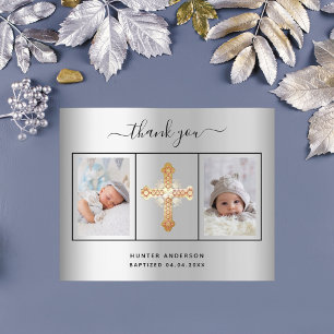 Baptism silver photo boy thank you card
