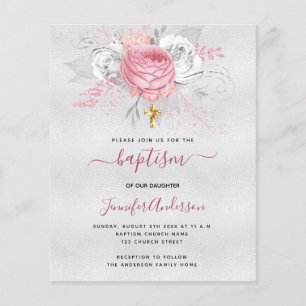 Baptism silver pink florals girl budget invitation flyer