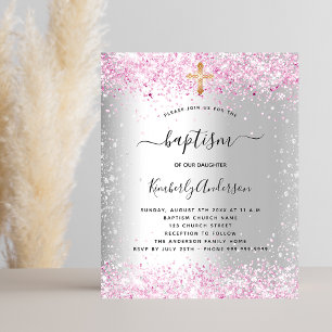 Baptism silver pink girl budget invitation flyer