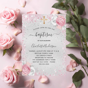 Baptism silver pink girl floral glitter invitation