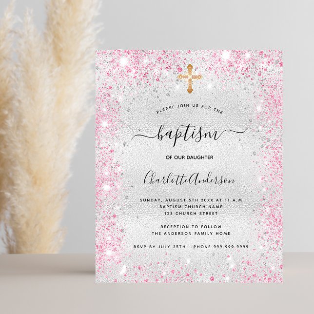 Baptism silver pink girl glitter budget invitation (Creator Uploaded)