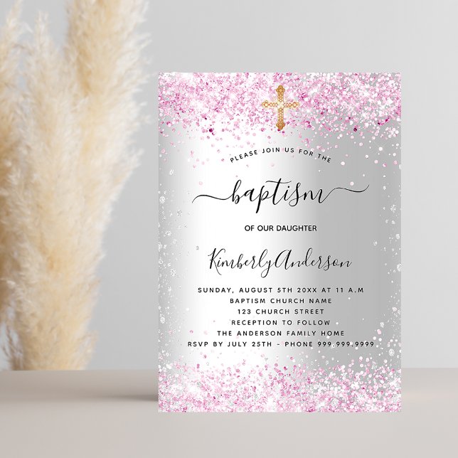Baptism silver pink girl gold cross invitation (Creator Uploaded)