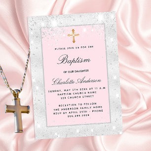 Baptism silver pink glitter girl cross elegant invitation postcard