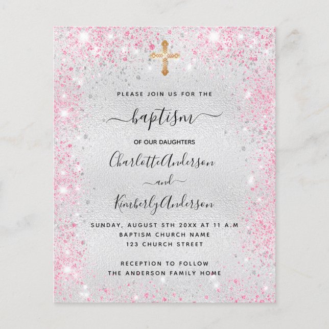 Baptism silver pink twin girls budget invitation flyer (Front)