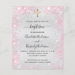 Baptism silver pink twin girls budget invitation flyer