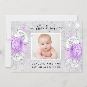Baptism silver purple florals photo girl thank you card