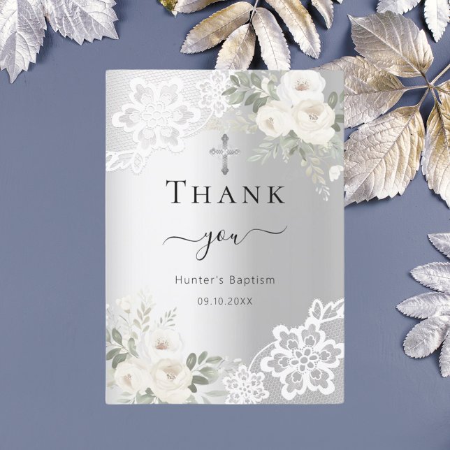 Baptism silver white floral lace thank you card (Creator Uploaded)