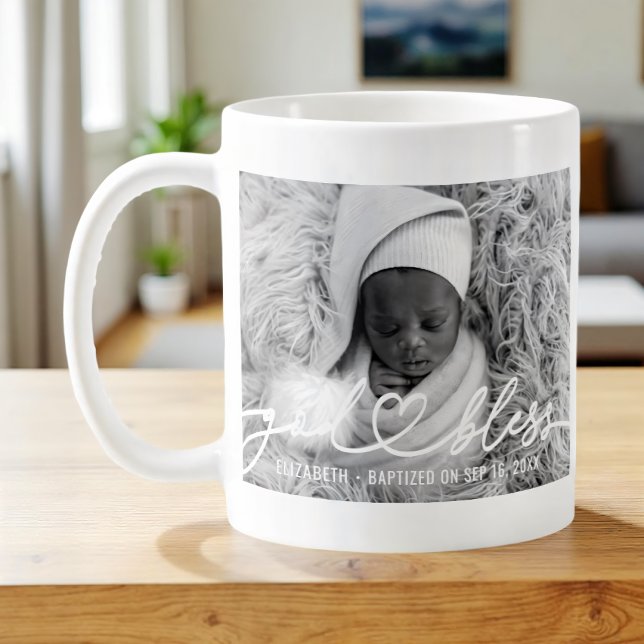 Baptism Simple Elegant Modern Heart Baby Photo Coffee Mug (Creator Uploaded)