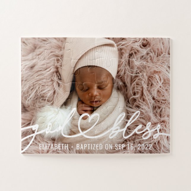 Baptism Simple Elegant Modern Heart Baby Photo Jigsaw Puzzle (Horizontal)