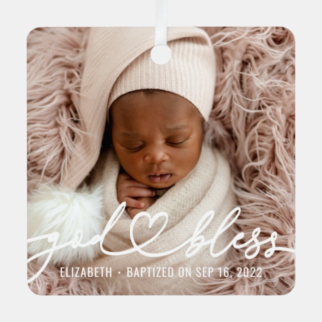 Baptism Simple Elegant Modern Heart Baby Photo Metal Tree Decoration (Front)