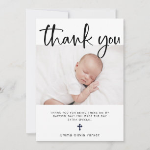 Baptism   Simple Minimal Black and White and Photo Thank You Card