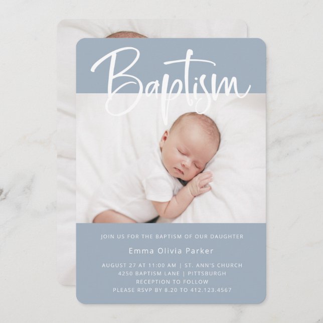 Baptism | Simple Minimal Blue with Two Photos Invitation (Front/Back)