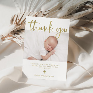 Baptism   Simple Minimal Gold with Photo Thank You Card