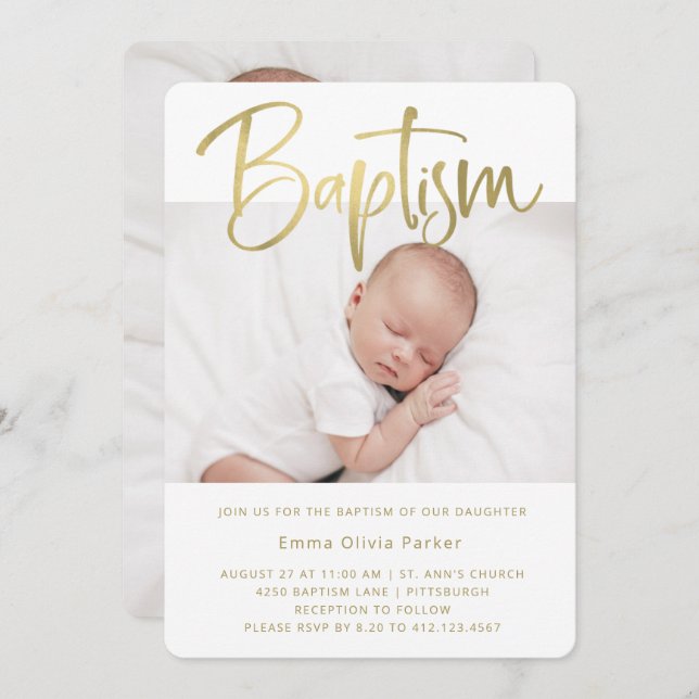Baptism | Simple Minimal Gold with Two Photos Invitation (Front/Back)