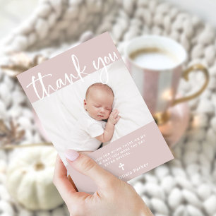 Baptism   Simple Minimal Pink with Photo Thank You Card